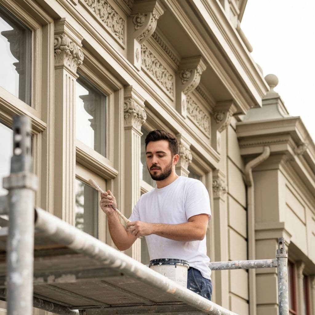 Professional painters working on a heritage building exterior in Victoria, BC